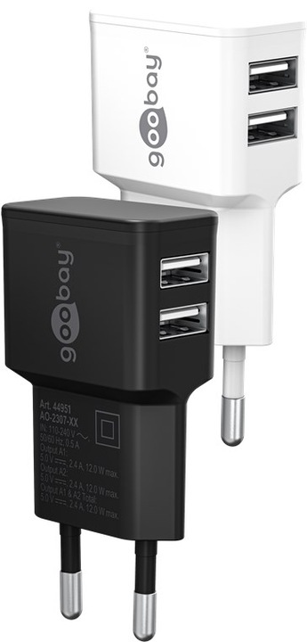 Immagine prodotto Goobay Caricabatterie doppio USB 2,4 A - Alimentatore USB con 2 uscite USB - bianco (12 W)
