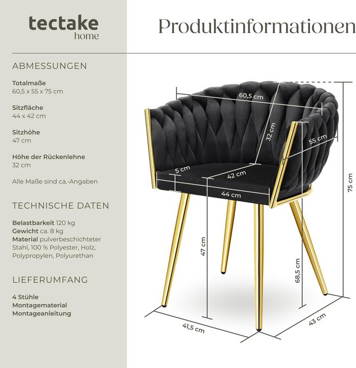 Produktbild tectake Set Esszimmerstuhl Astano Samt, Knotendesign