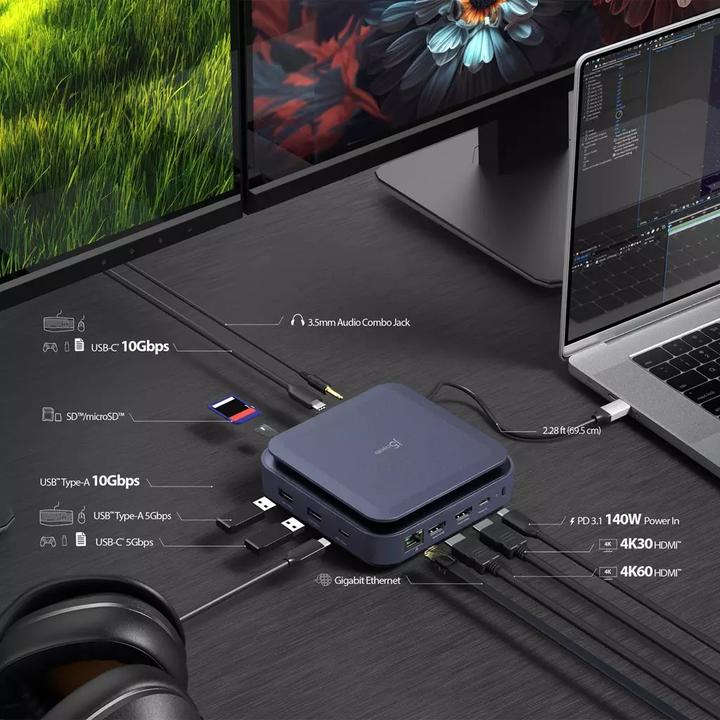 Produktbild j5Create JCD3196-N, Kabelgebunden, USB 3.2 Gen 2 (3.1 Gen 2) Type-C, 140 W, 1000 Mbit/s, Blau, Dark (USB-C)