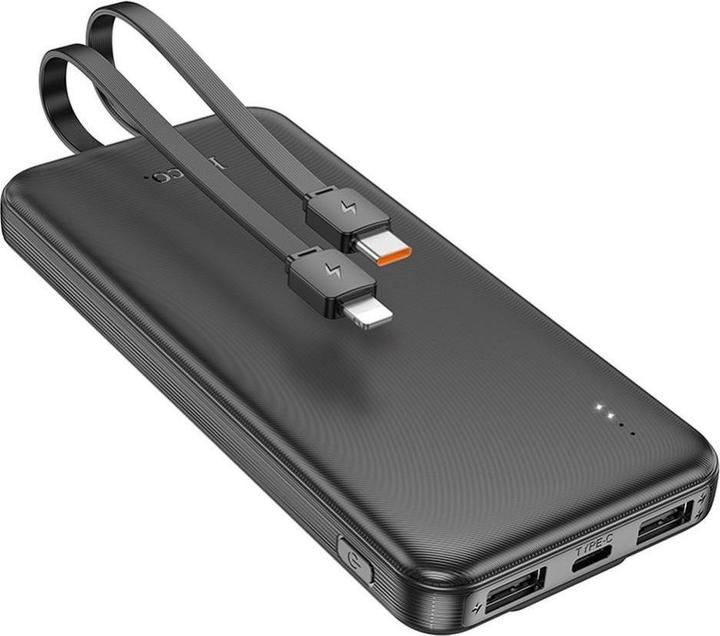 Actual product image Hoco Power bank Powerbank 10000 mAh 2A with built-in cables USB C + Lightning J118 black (10000 mAh, 37 Wh)