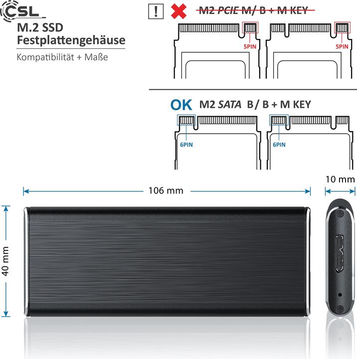 Image du produit CSL Boîtier pour disque dur SSD externe USB 3.0 m.2 (M.2 2230, M.2 2242, M.2 2260, M.2)