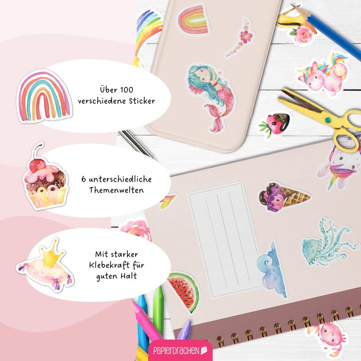 Produktbild Papierdrachen Stickerblock Einhorn, Prinzessin & Meerjungfrau (100 Sticker)