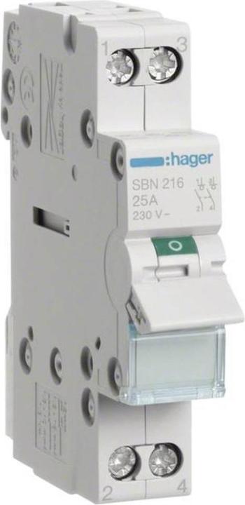 Hager SBN216. Courant nominal : 16 A, tension de la bobine (max) : 440 V. Quantité de modules (max) : 1 (Résistance)