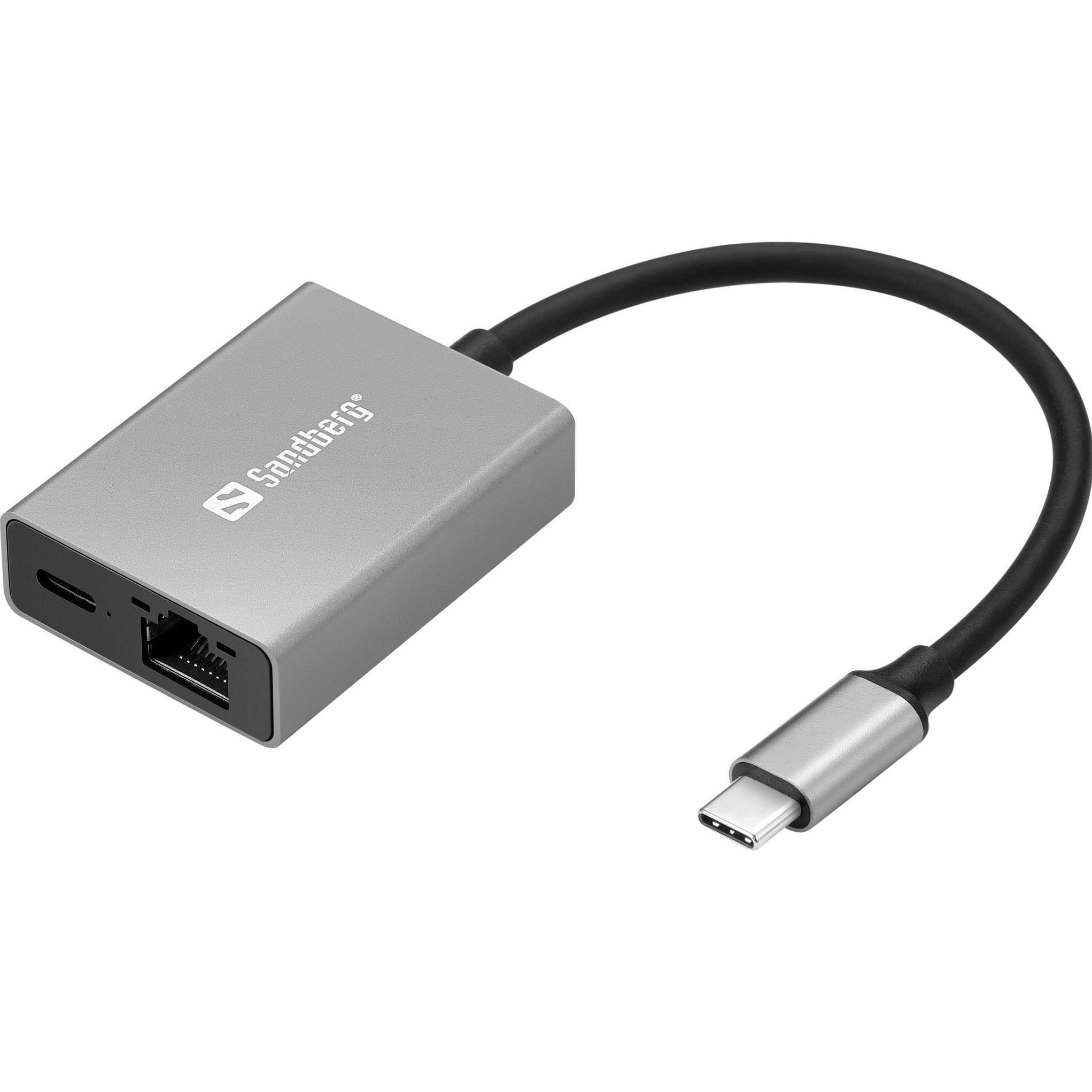Sandberg USB-C Gigabit Adapter PD100W (USB-C, RJ45 (1x)), Netzwerkadapter, Grau