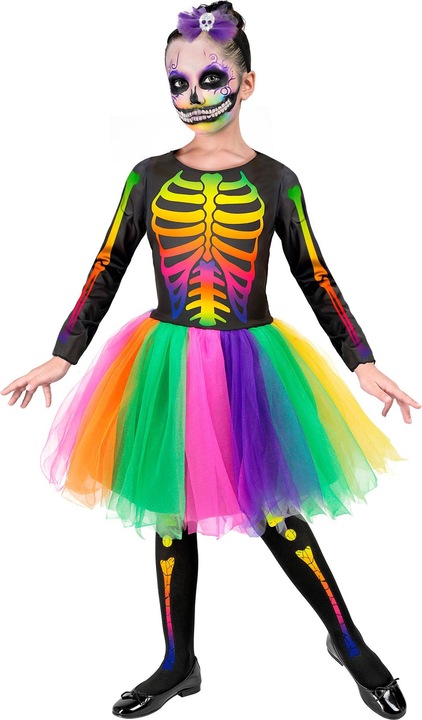 Produktbild Widmann Skelett Ballerina Kleid mit Tutu, Haarreif mit Schleife und Totenkopf (140)