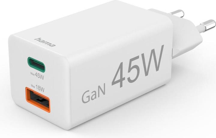 Image du produit Hama Chargeur rapide, 1x USB-C PD, 1x USB-A QC, mini-chargeur, 45 W, blanc (45 W, 2 ports)