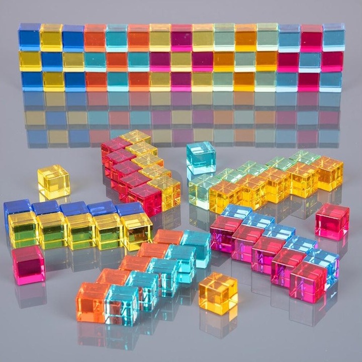 Produktbild TickiT Set mit 100 farbigen und Transparente Acryl-Würfel und einem Spiegelkasten aus Holz