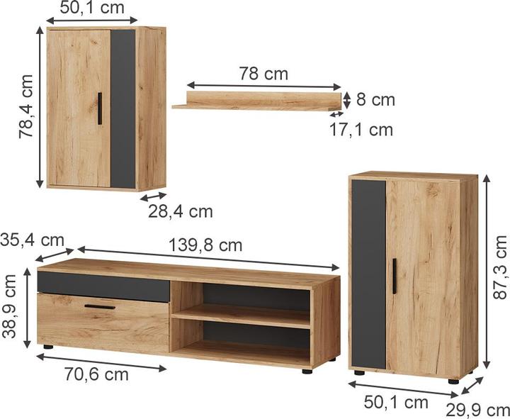 Image du produit Vicco Wohnwand Berno, Goldkraft Eiche/Anthrazit, 4er Set