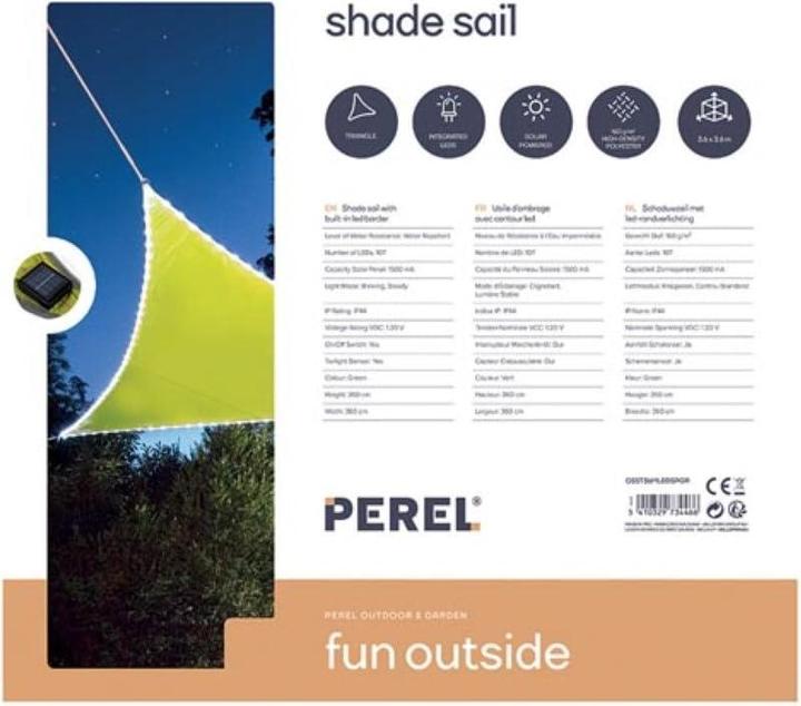 Produktbild Perel SONNENSEGEL MIT LED-BELEUCHTUNG - DREIECKIG - 3.6 x 3.6 x 3.6 m - LIMONENGRÜN