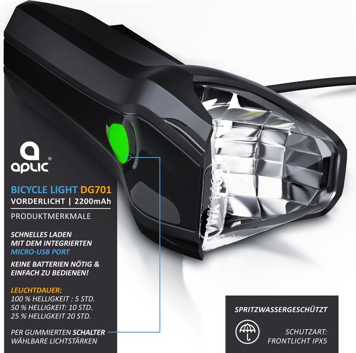 Produktbild Aplic LED Fahrradlicht, Frontlicht, Akku Fahrrad Vorderlicht mit 50 LUX, Velolicht, StVZO zugelassen (300 lm)