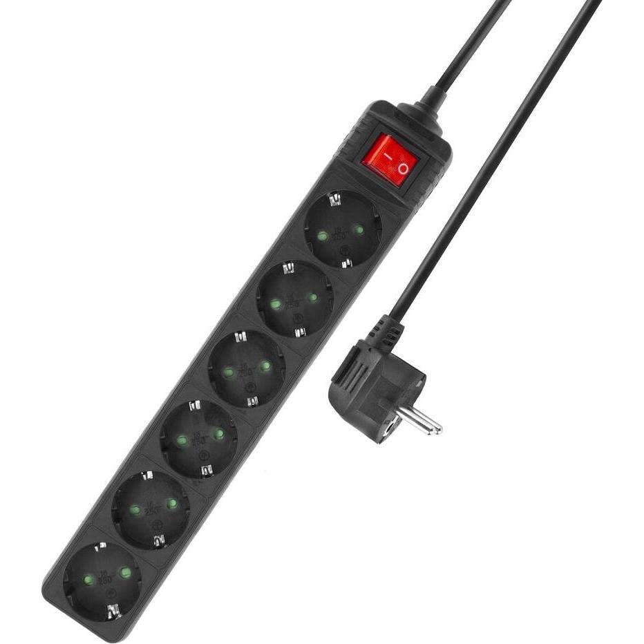 ACT, Steckdosenleiste, Power strip with illuminated switch, 6 sockets, 3 m, black (6 x, CEE 7/3, 3 m)