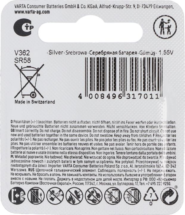 Actual product image Varta Watch V362 (1 pcs., SR58, 21 mAh)