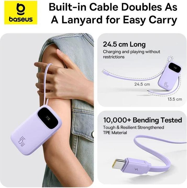 Immagine prodotto Baseus EnerFill FC31 20000mAh 45W Powerbank mit Display, USB-C- und Lightning Kabeln – Schwarz (20000 mAh, 45 W)