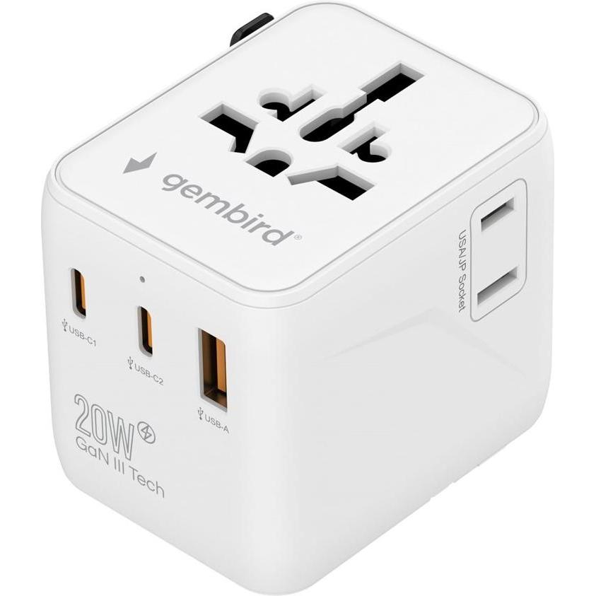 Gembird, Adattatore da viaggio, Adapter TPA-1A2C20-01-W Universal travel power adapter, 20 W, white
