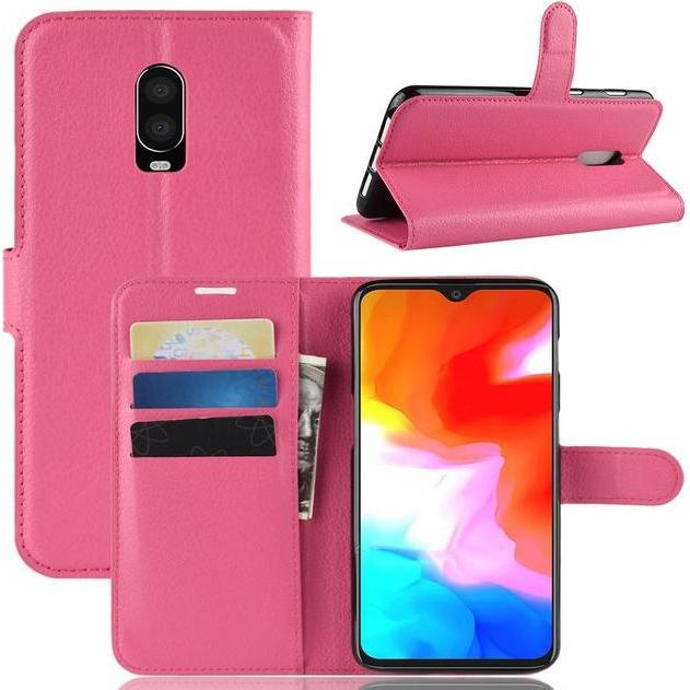 MU Classic Litchi Leder Bookcover Series (OnePlus 6T), Smartphone Hülle, Rosa