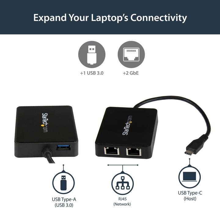 Produktbild StarTech USB-C To Dual Gbe Adapter (USB, RJ45 Gigabit Ethernet (2x))