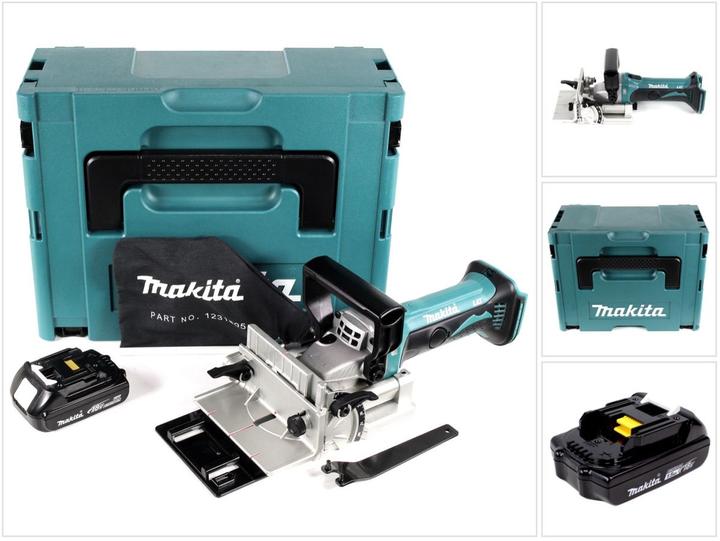 1x Makita DPJ 180 18 V Li-Ion accu sleuvenfrees, 1x Makita Makpac met inzetstuk, 1x stofzak 1231505, 1x instelplaat 4155792, 1x voorklem, 1x 1,5 Ah accu
