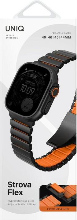 Actual product image Uniq Strova Flex Strap for Apple Watch 44/45/46/49mm Black Orange (Silicone, Stainless steel)