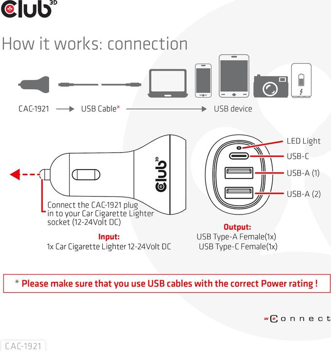 Produktbild Club 3D Club3D USB KFZ-Ladegerät 1xUSB C, 2xUSB A, 36W, 12/24V retail