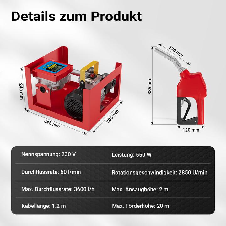Produktbild Wiltec Heizöl- und Dieselpumpe 230V/550W 60l/min selbstansaugend Pumpe Pistole
