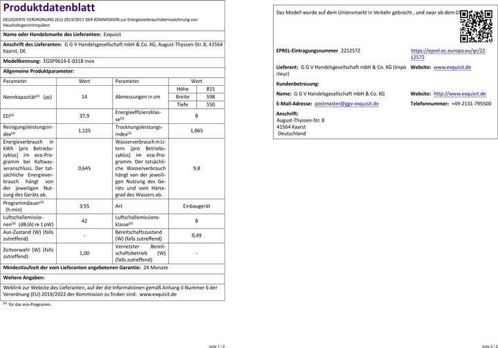 Nährwerte und Zutaten Exquisit EXQ EGSP9614-E-031B Geschirrsp