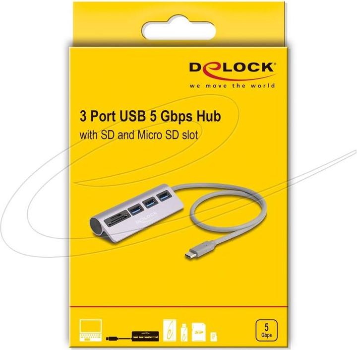 Produktbild Delock 3 Port USB 5 Gbps Hub inklusive SD und Micro SD Card (USB-C, 3 Ports)