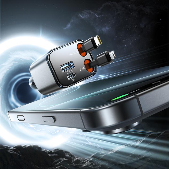 Produktbild Joyroom 4-in-1 Car Charger 30W with Retractable USB-C/Lightning Cables