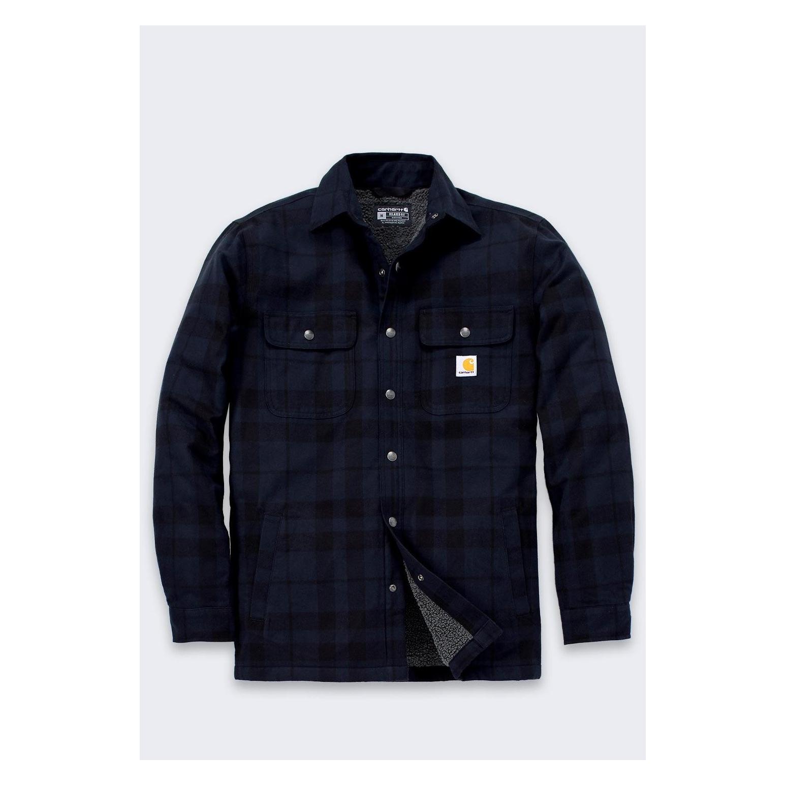 Carhartt, Werkjas, Relaxed Fit Flannel Sherpa Tussenjas Heren Zwart Dessin L (L)