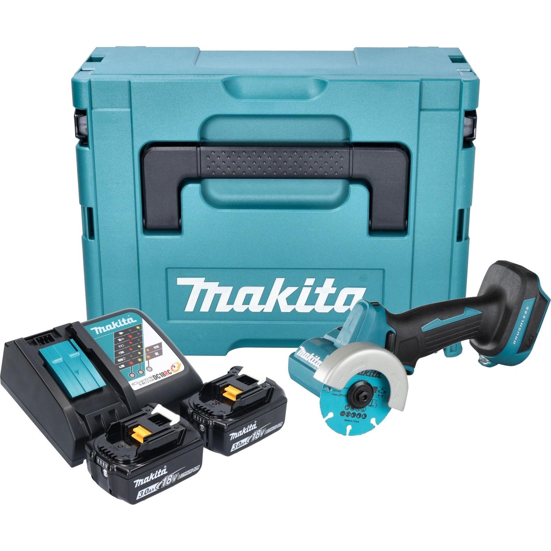 Makita, Winkelschleifer, DMC 300 RFJ Akku Winkelschleifer 18 V 76 mm Brushless + 2x Akku 3,0 Ah + Ladegerät + Makpac (76...