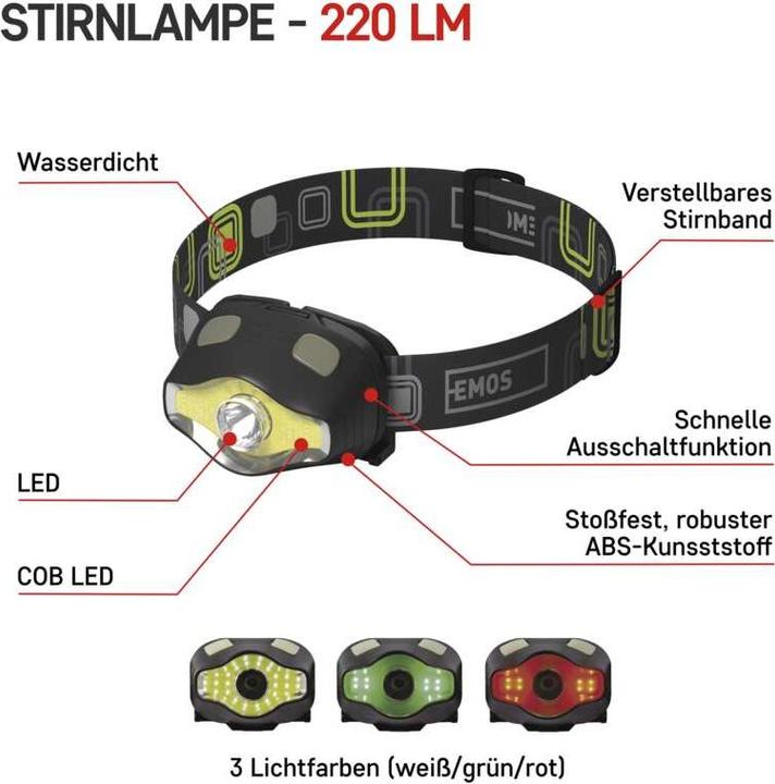 Actual product image Emos COB LED + LED headlamp P3536, 220 lm, 100 m, 3x AAA (220 lm)