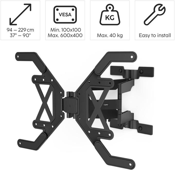 Image du produit Hama Support TV mural, pivotant, inclinable, extra-plat, 229 cm (90") à 40 kg (Mur, 40 kg, 37" - 90")