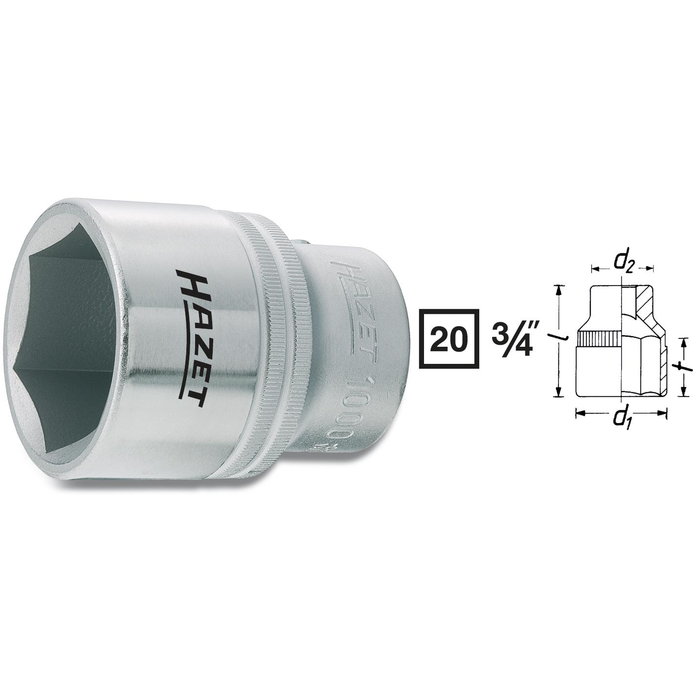 Thumbnail - HAZET, Steckschlüssel + Stecknuss, Steckschlüsseleinsatz ∙ Sechskant 1000-42 ∙ Vierkant20 mm (3/4 Zoll) ∙ Aussen Sechska...