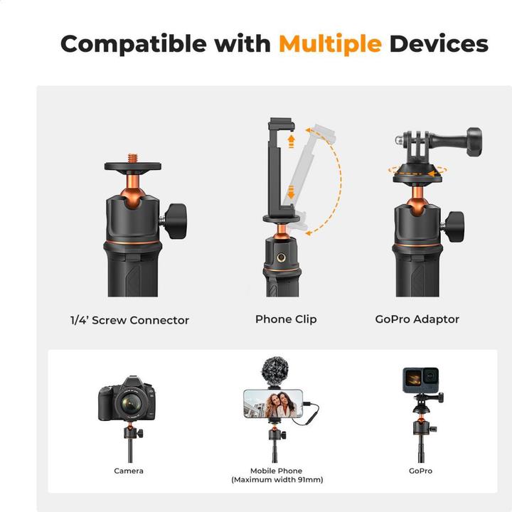 Produktbild K&F Concept 3-in-1 selfie stick + desktop stand mobile phone holder + GoPro adapter + Bluetooth remote control