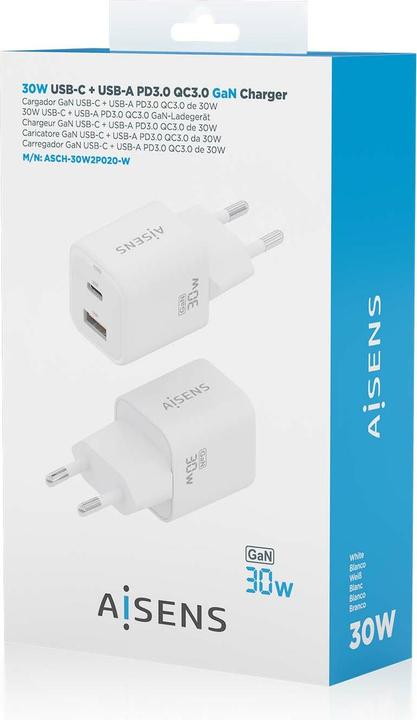 Actual product image Aisens Gan 30W Charger, 1xUSB-C PD3.0 QC4.0, 1xUSB-A QC3.0, White (30 W, 1 portion)