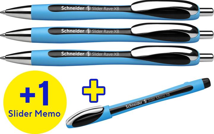 Produktbild Schneider AKTION: Kugelschreiber Slider Rave XB blau, Schreibfarbe: schwarz, 3 St. + GRATIS Schneide (Schwarz, Blau, 1 x)