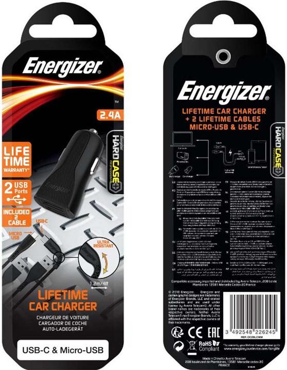 Image du produit Energizer Car Charger Lifetime Warranty - 2.4A - 1USB - câble USB-C et Micro-USB inclus