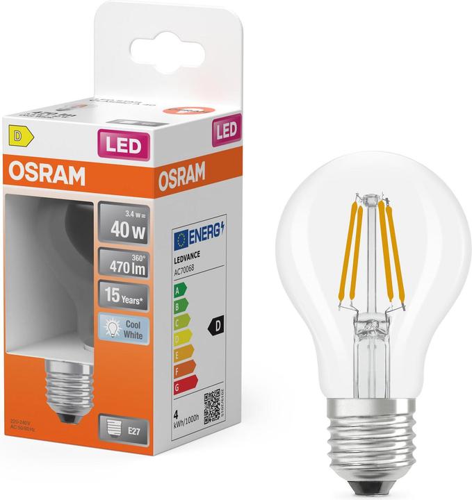 Image du produit Osram LED Leuchtmittel LED Retrofit CLASSIC A 3.4W 840 Clear E27 Neutralweiss 4099854466380 (E27, 470 lm, 6x)