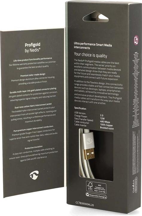 Actual product image Nedis CCTB39300AL20. Colour of product: Aluminium, Connector 1: USB A, Connector 2: Lightning. Packaging (2 m, USB 2.0)