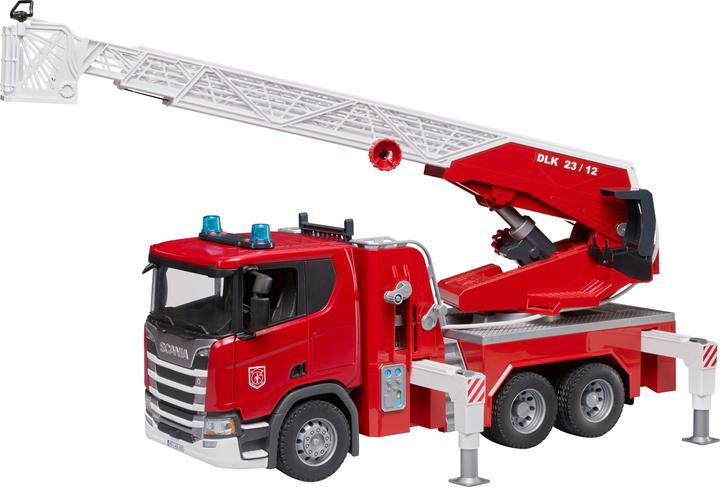 Actual product image Bruder Scania Super 560R fire brigade with turntable ladder, water pump, L+S module