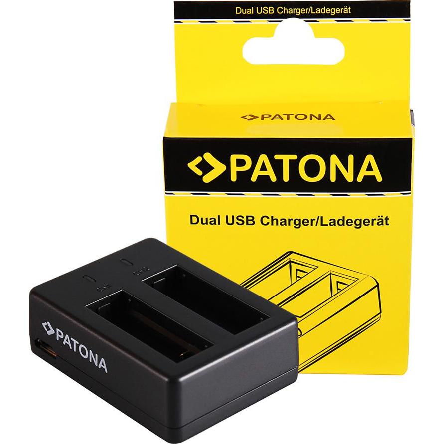 Patona Doppio caricatore rapido per SJCAM SJ6 Legend Black SJ6000 con cavo micro-USB (Caricabatterie per fotocamere), Alimentatore fotocamera, Nero