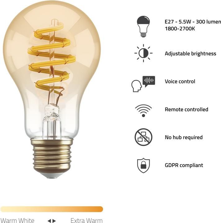 Energy Label Hombli Filament Bulb CCT A60 (E27, 5.50 W, 300 lm, 1 x, G)