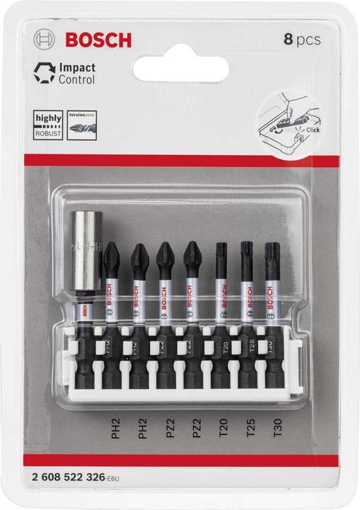 Produktbild Bosch Professional Zubehör Schrauberbit Impact Control Power Bit Pack, 8-tlg. T20, T25, T30, 2x PH2, 2x PZ2 (Innensechsrund TX)