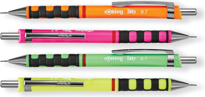 Actual product image Rotring Tikky Neon fine-lead pencil, 0.7 mm, pink chrome-plated, rigid tubular tip, rubber-coated, gelled (0.70 mm, HB, 1 x)