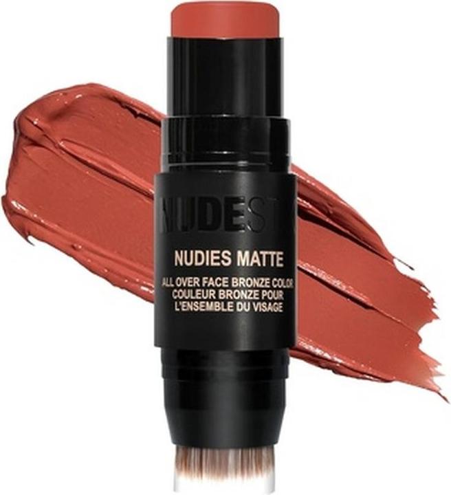 Nudestix Nudies Matte Cream Bronzer 3-in-1 All Over Face Color for Face, Eyes, and Lips with Blending Brush B (Nudies Matte Bronze (All Over Bronze Color), Highlighter)