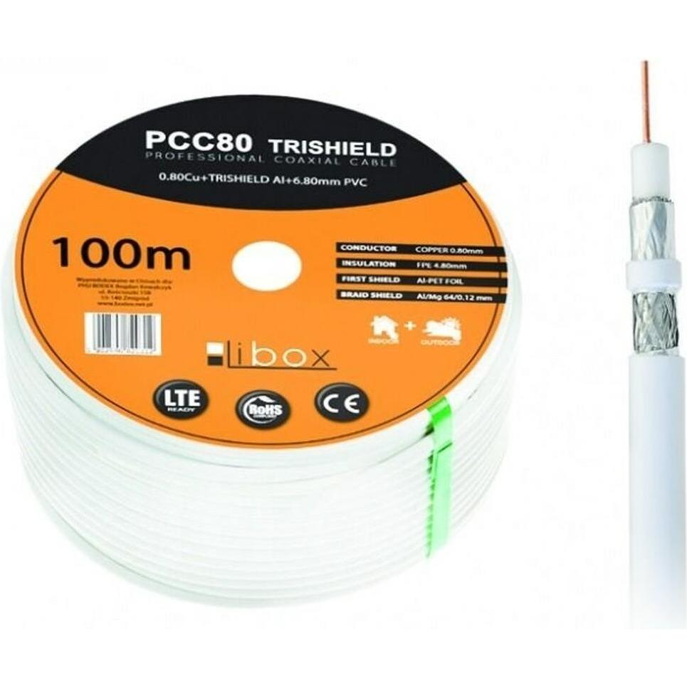 Libox Cavo koncentryczny PCC80 100m Cavo coassiale RG-6/U Bianco (Cavi antenna), Cavo antenna