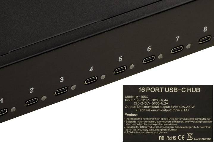 Actual product image Kalea-informatique Industrial Rack-Mount 16-Port USB-C Charging Station, 200W Max Power, 5V 2.1A per Port (200 W, 16 ports)