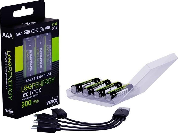 Productafbeelding Verico Li-Ion USB-C Micro AAA Batterij 1.5V 900mWh 600mAh oplaadbaar via USB (4 Pcs., AAA, 600 mAh)