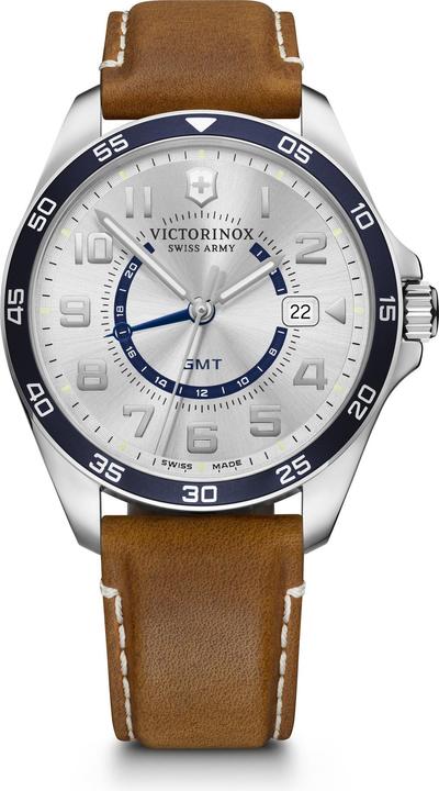 Victorinox FieldForce GMT Ø42, cadran blanc argenté, cuir marron (Swiss Made, 42 mm)
