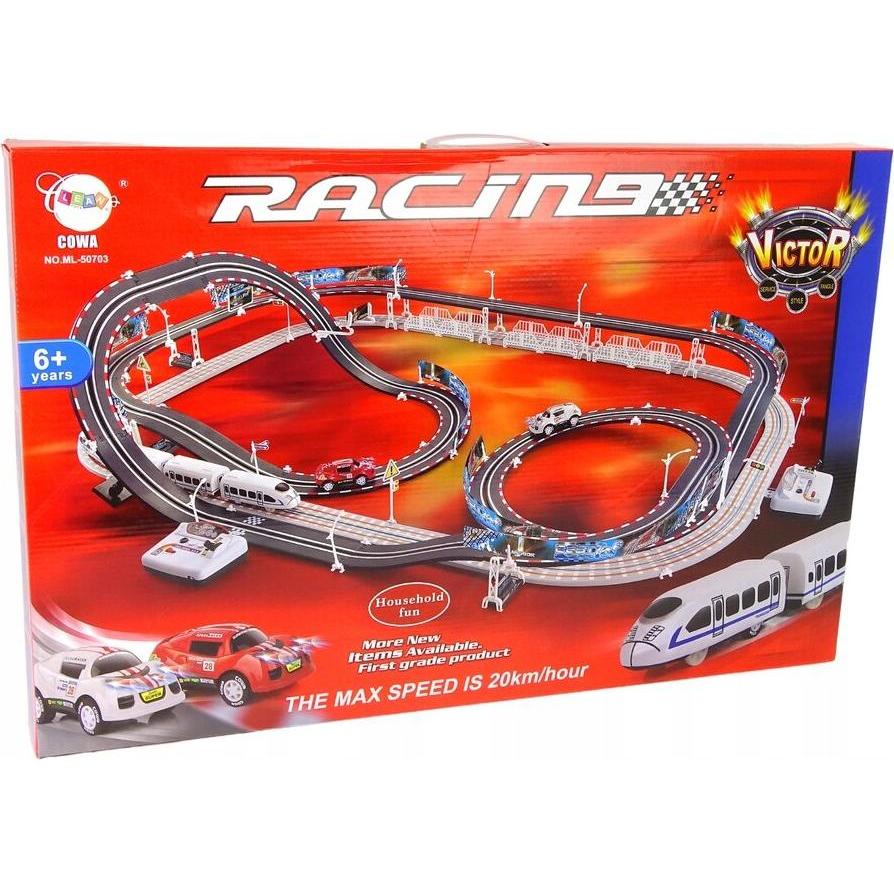 Lean Toys Riesiges Rennset Autostrecke + elektrische Eisenbahnstrecke Rennset (12653)