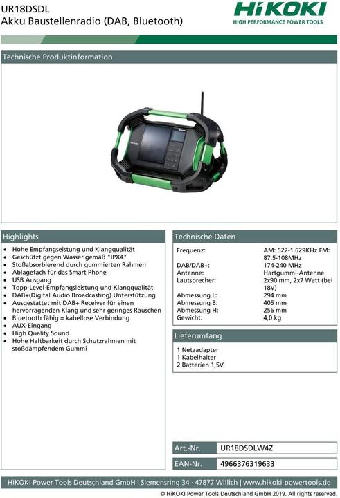 Actual product image Hikoki Radio receiver with bluetooth UR18DSDL (AM, FM, Bluetooth)